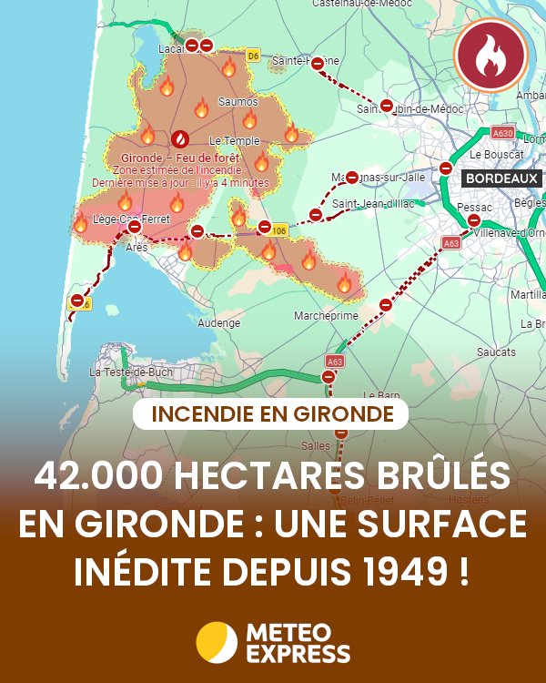 MeteoExpress's tweet photo. 🔥 En Gironde, l'incendie a désormais parcouru 42.000 hectares. Il s'agit d'une superficie gigantesque, équivalente à 4 fois la taille de Paris ! L'évolution est toujours défavorable ce dimanche matin et l'A63 est fermée au sud-ouest de Bordeaux. https://t.co/pduJyKzz9o