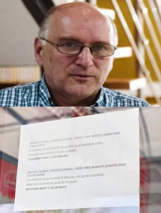 Kukurek541797's tweet photo. Dragan Đurić, vlasnik restorana "Stari začin", u centru Beograda, na čijim vratima i dalje piše:
"Ako ste gladni, a nemate novca, ovde uvek možete dobiti neki topli obrok. Platićete kada budete imali, a i da ne platite, niko ne zaslužuje da bude gladan. Vratimo veru u ljudskost.' https://t.co/OXs6zS44Zo