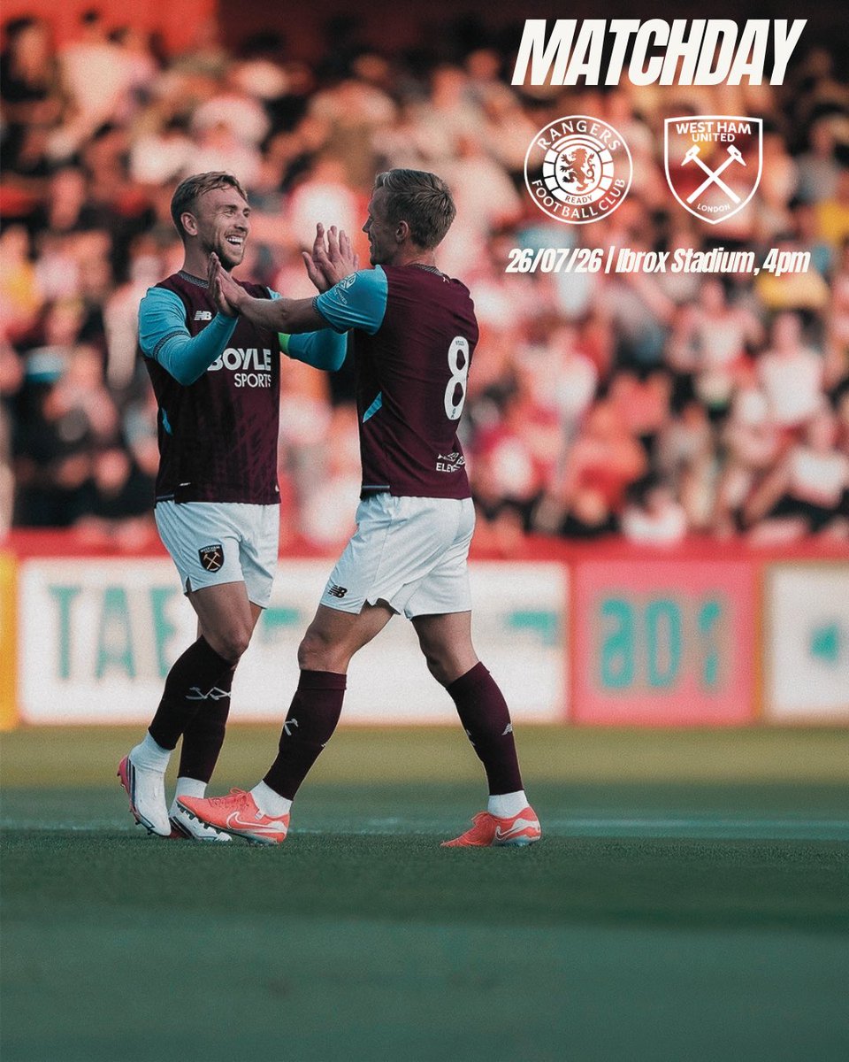WestHamStreet's tweet photo. 𝐈𝐭’𝐬 𝐌𝐚𝐭𝐜𝐡𝐝𝐚𝐲! ⚒️
West Ham United travel to Glasgow as they continue their 26/27 preparation against Rangers! ⚒️
COME ON YOU IRONS! ⚒️
#RANWHU | #WHUFC https://t.co/X5XBVvMy0n