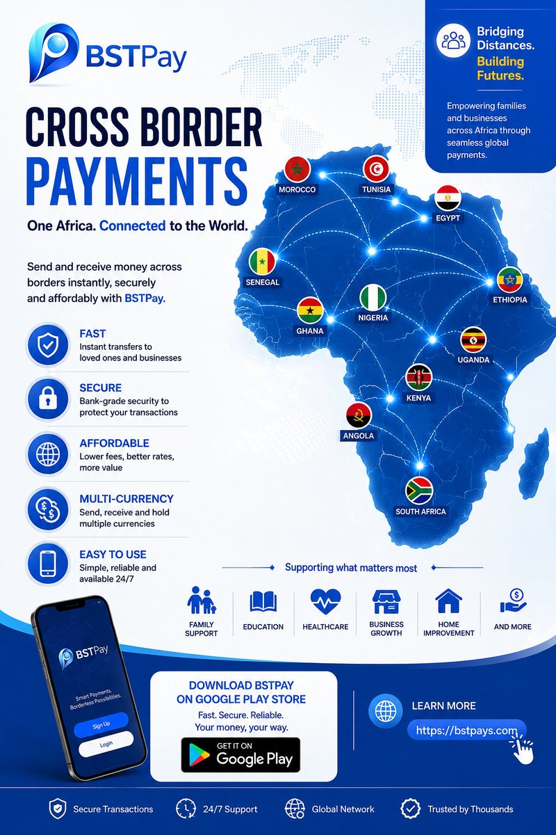 Bluesharkstech's tweet photo. How Cross-Border Remittances Work—and Why They Matter for Africa

Cross-border remittances are money transfers sent from one country to another. Millions of Africans rely on these payments every day to support their families, pay school fees, cover healthcare costs, invest in businesses, and create new opportunities.

How it works:

1. The sender initiates a transfer from another country.
2. The payment is securely processed through regulated financial networks.
3. The funds are converted (where required) into the recipient's local currency.
4. The recipient receives the money quickly into their account or wallet, ready to spend, save, or invest.

The impact on Africa
• Strengthens household incomes and financial security.
• Helps SMEs access capital to grow and create jobs.
• Supports education, healthcare, and community development.
• Encourages entrepreneurship and cross-border trade.
• Promotes financial inclusion through digital payment solutions.

How BSTPay facilitates cross-border remittances
BSTPay provides a modern payment platform that makes it easier for individuals and businesses to send, receive, and manage international payments. With support for cross-border transactions, multi-currency financial tools, and a seamless digital experience, BSTPay helps connect Africa to the global economy.

Why choose BSTPay?
✅ Fast and seamless international payments.
✅ Secure digital payment infrastructure.
✅ Multi-currency financial tools for individuals and businesses.
✅ Built to support cross-border trade and remittances.
✅ Simple, reliable, and designed for Africa's growing digital economy.

🌍 Learn more: https://t.co/etwRXCHcOc

📲 Download BSTPay today on the Google Play Store and experience smarter cross-border payments.

https://t.co/5aIFDrl64h

#BSTPay #BSTPays #CrossBorderPayments #Remittances #Africa #FinancialInclusion #GlobalPayments #Fintech #SMEs #BusinessGrowth #DigitalFinance #SendMoney #ReceiveMoney #InternationalTrade #CrossBorderTrade #MadeForAfrica #Innovation #GlobalBusiness