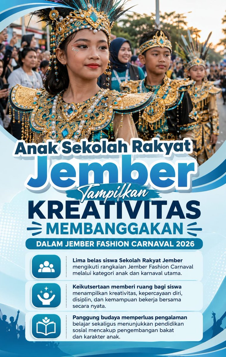 zunedsmith's tweet photo. Anak Sekolah Rakyat Jember Tampilkan Kreativitas Membanggakan dalam Jember Fashion Carnaval 2026. #JagaIndonesia https://t.co/9nzbObYdHQ