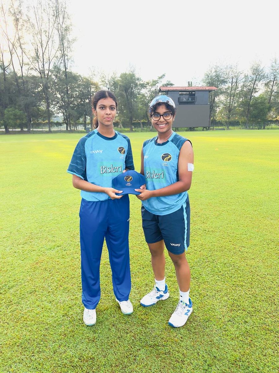 EmiratesCricket's tweet photo. Congratulations to Gayetri Rajesh Menon &amp; Fiza Ayub on earning their UAE U19 caps today against Qatar. Go well! 💙🏏 https://t.co/tMqLAXCudt