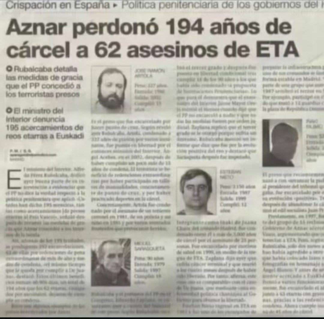 antifranquism's tweet photo. Lo que #Aznar hizo con los etarras mientras criticaba a #Zapatero  194 años de cárcel perdonados.
Mientras hoy gritan ‘ETA asesina’, recordamos esto.👇 https://t.co/qABIBArUfH