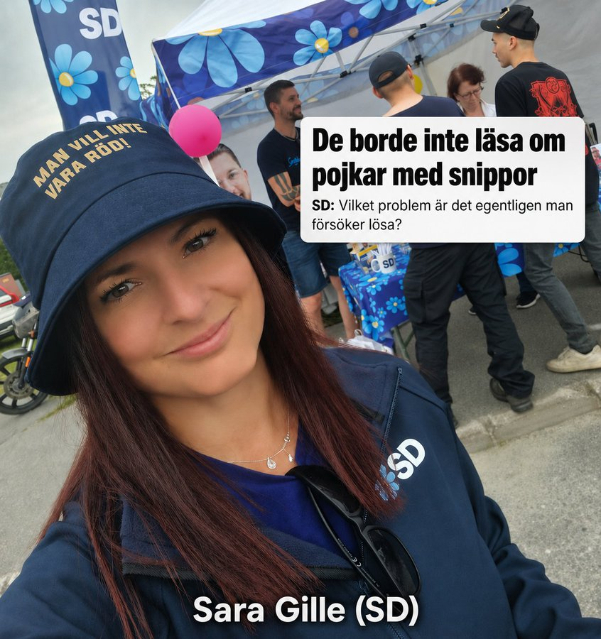 DavidJansson76's tweet photo. Stackars lilla #SD:aren #SaraGille som har en keps / huvudbonad med texten "Man vill inte bli röd"!!! Hoppas hon inte solar och blir röd som en kräfta!!!🤣🤣🤣
Och.....de verkar vara så "rädda" för att man ska kunna få läsa om att #pojkar med #snippa?! Varför då undrar man!?🤷
Men......SD har ju fastnat i dåtiden!