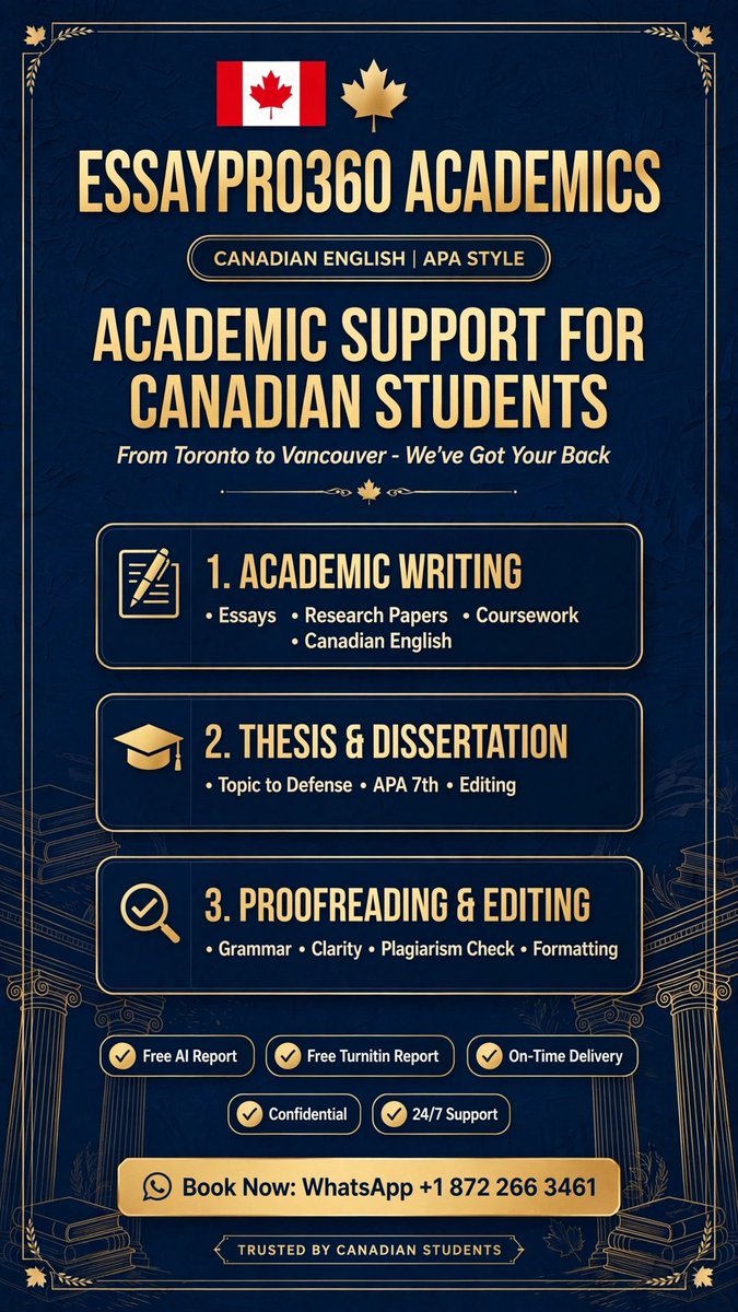 Academiawriter1's tweet photo. Canadian students! Coursework, essays, thesis help. Canadian English + APA. Free AI Report. +1 872 266 3461

#CanadaStudents #EssayHelp #AcademicWriting #UniversityOfToronto #UBC https://t.co/UE9tB0loeb