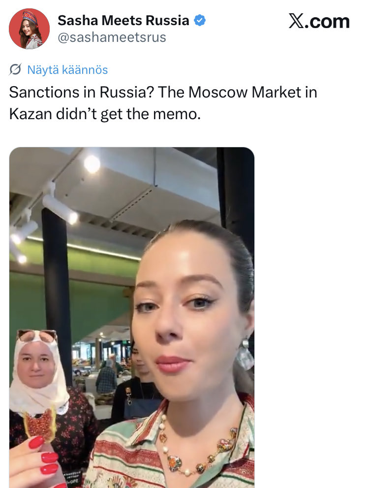 joni_askola's tweet photo. The amusing contradiction in Russian propaganda is that they insist sanctions don’t hurt them and only hurt the West, yet they keep asking us to lift them. 

Which one is it? https://t.co/Fr0FGmq1dF