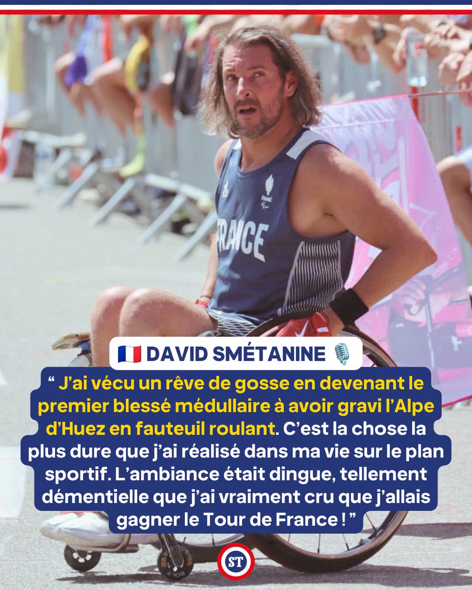 sportricolore's tweet photo. 🇫🇷 La fierté de David Smétanine, premier blessé médullaire à avoir gravi l'Alpe d'Huez en fauteuil roulant ❤️

Un exploit hors norme réalisé dans des conditions de rêve lors de la 19e étape du TDF 2026 🏅

L'ascension de l’impossible devenue possible 👏 https://t.co/COsWjsRq58