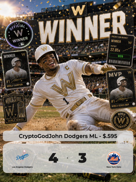 WealthGroup's tweet photo. Dodgers ML gets the job done. 

@CryptoGodJohn shared the play with the Wealth Group community at $0.595 before first pitch, and it cashed in a 4 to 3 win.

Being around experienced bettors can change the way you look at every market. https://t.co/9X0fPSOIYY