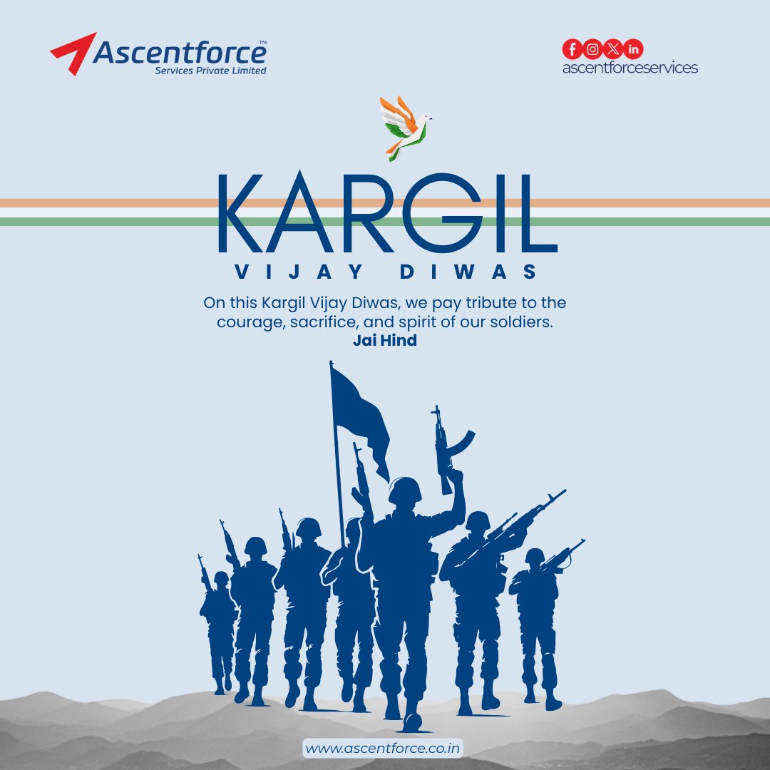 AscentforceLtd's tweet photo. Kargil Vijay Diwas Day.

Remembering the indomitable courage of our soldiers who conquered the impossible in 1999.

Saluting every hero who laid down their life so we could live in peace. Your sacrifice will never be forgotten.

#AscentforceServices #KargilVijayDiwas #IndianArmy https://t.co/3WAYm6nGUA