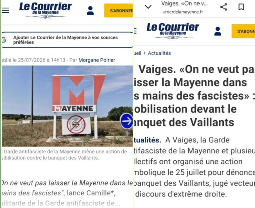 Garde53's tweet photo. Merci à Ouest France et au Courrier de la Mayenne  d'avoir couvert notre action de visibilité d'aujourd'hui contre le banquet des #Vaillants dont les liens avec l'extrême droite sont  largement documentés et ont déjà fait l'objet d'articles en semaine
#antifa #CanonFrancais #GUD https://t.co/16vU12NWWx