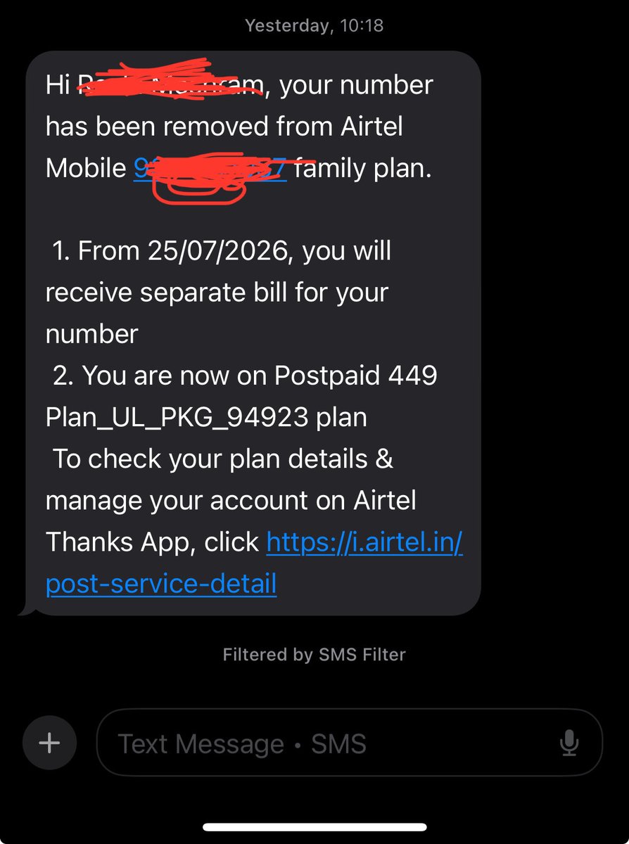 ashuw018's tweet photo. @airtelindia @Airtel_Presence @TRAI even I got this sms claiming that the number was removed from family plan, but your support says it is still there https://t.co/ayrGWIyKSX