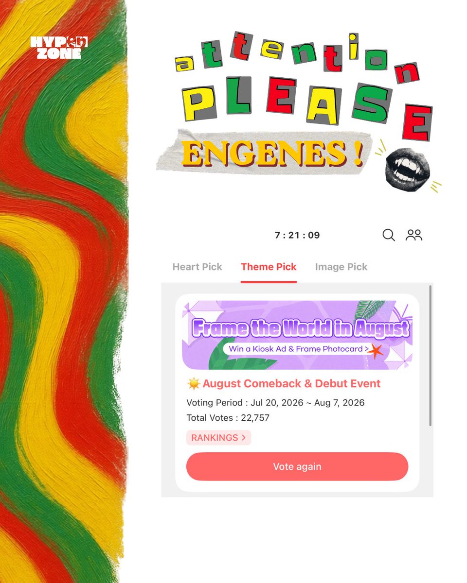 hypenzonehq's tweet photo. Another voting poll is now open for ENHYPEN’s comeback on CHOEAEDOL app! Please cast your votes daily under the “AUGUST COMEBACK &amp; DEBUT EVENT” until August 7. Now’s the time to make voting part of your daily routine, ENGENES! 🤩🤸 https://t.co/dGlkfilGVN