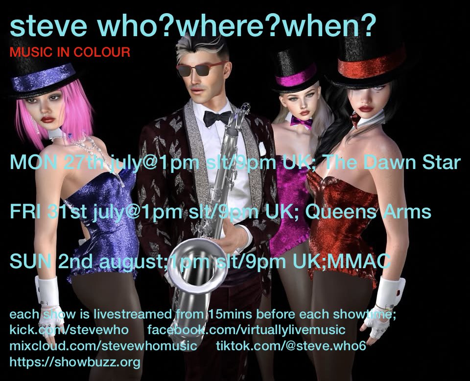 stevenelson9's tweet photo. steve who?where?when?
MUSIC IN COLOUR

MON 27th july@1pm slt/9pm UK; The Dawn Star/Andromeda Rhapsody;
https://t.co/Slr7w2F8bt

FRI 31st july@1pm slt/9pm UK; Queens Arms Performance Venue;
https://t.co/2Yfh29XrQw

SUN 2nd august;1pm slt/9pm UK;MultiMediaArtsCentre(MMAC);
https://t.co/h8wPlSonXq

each show is livestreamed from 15mins before each showtime;
https://t.co/88FuezK6sK     Steve Who?  https://t.co/HC8YFm9My2
https://t.co/BAA8r6AepN     https://t.co/XPGNE296fA