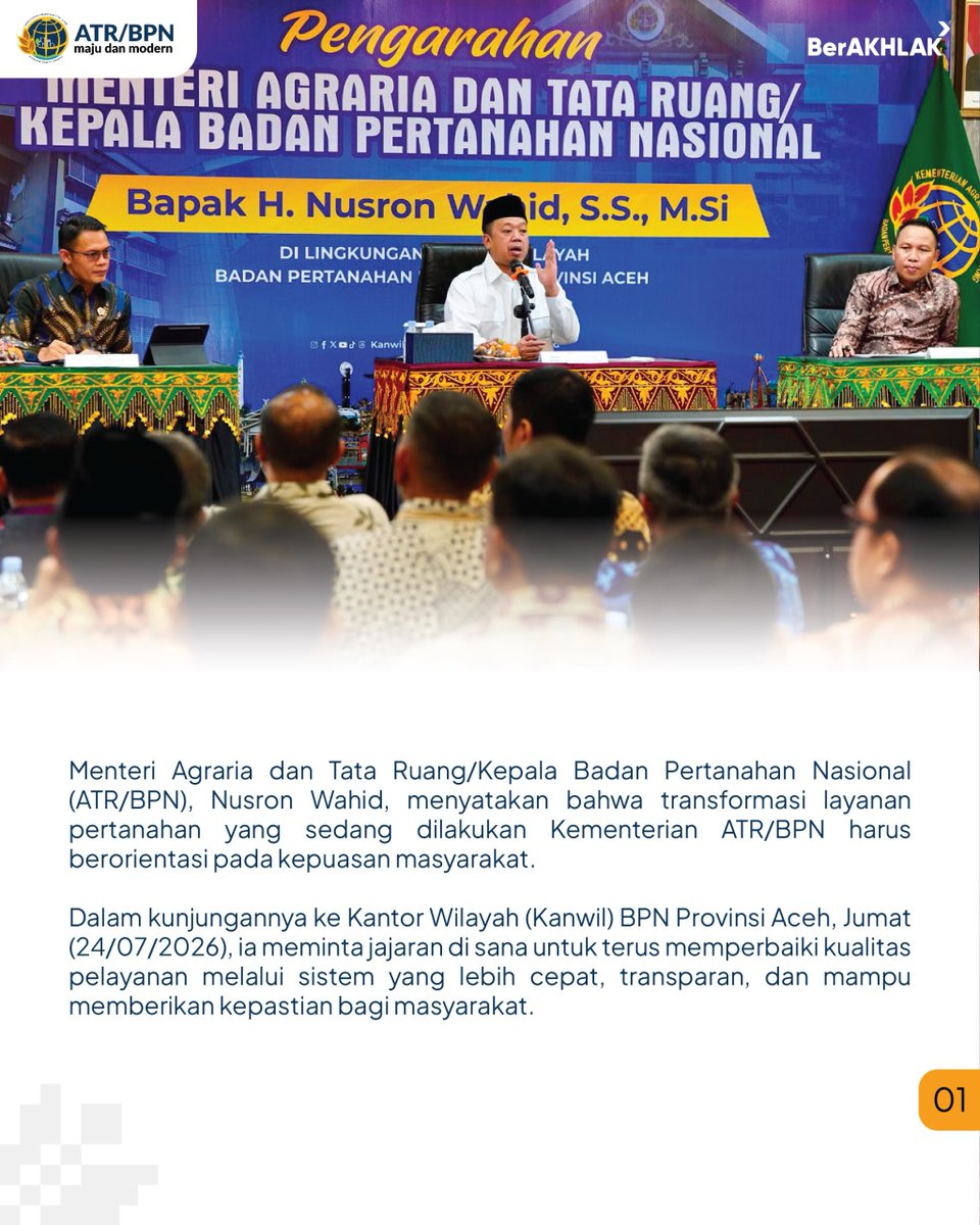 bpnnunukan's tweet photo. #Repost @kem_atrbpn 

Halo #SobATRBPN, Menteri Agraria dan Tata Ruang/Kepala Badan Pertanahan Nasional (ATR/BPN), Nusron Wahid, menyatakan bahwa transformasi layanan pertanahan yang sedang dilakukan Kementerian ATR/BPN harus berorientasi pada kepuasan masyarakat. https://t.co/tCTwT31EEu