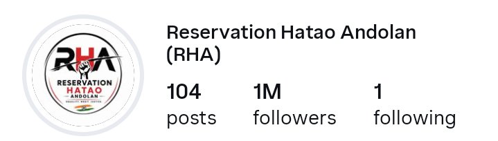RHA_Anadolan's tweet photo. We reached 1 million followers in just 4 hours…
And now, we’re not going to stop. 
#reservation_hatao_andolan https://t.co/624QVzuYg9