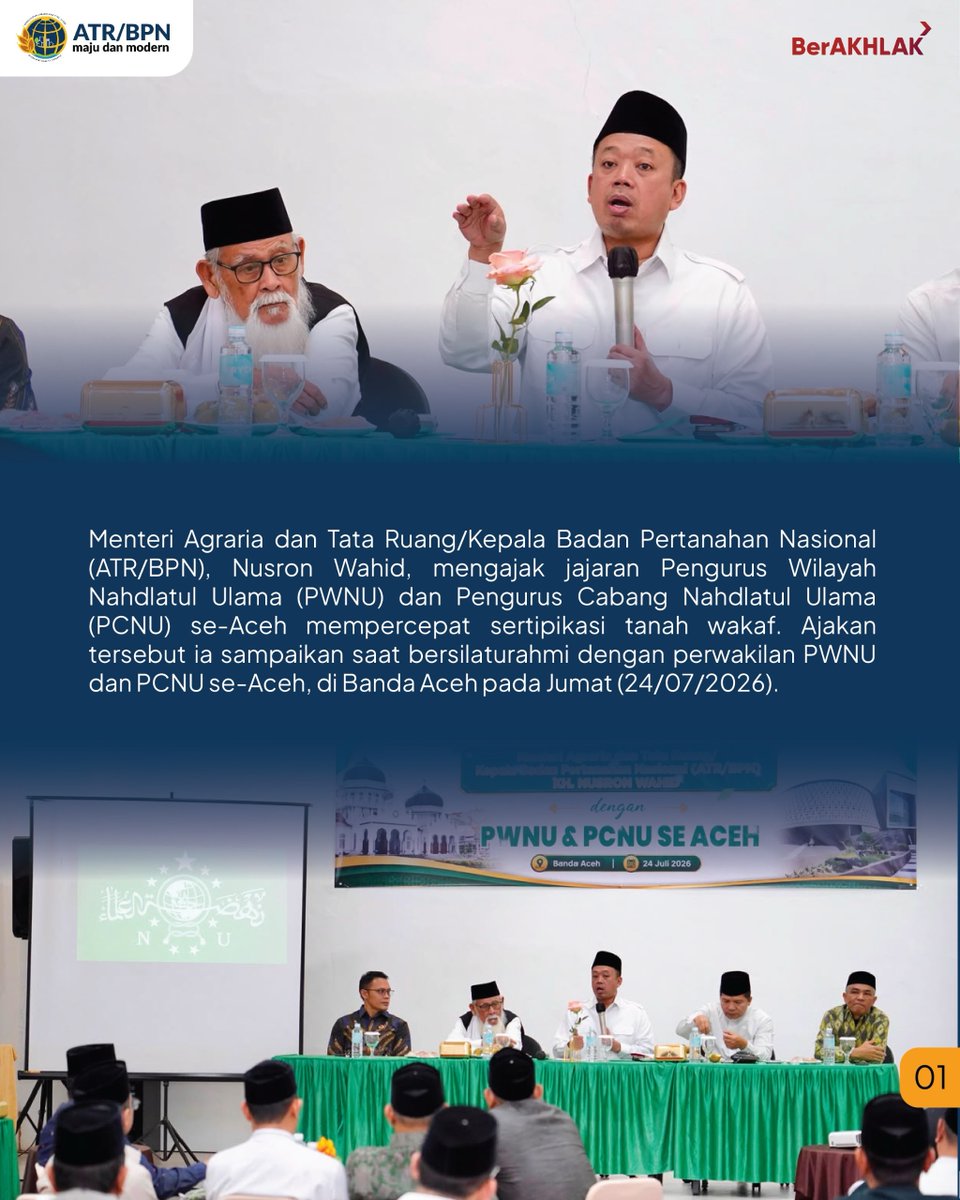 bpnnunukan's tweet photo. #Repost @kem_atrbpn 

Halo #SobATRBPN, Menteri Agraria dan Tata Ruang/Kepala Badan Pertanahan Nasional (ATR/BPN), Nusron Wahid, mengajak jajaran Pengurus Wilayah Nahdlatul Ulama (PWNU) dan Pengurus Cabang Nahdlatul Ulama (PCNU) se-Aceh mempercepat sertipikasi tanah wakaf. https://t.co/UESZpyRsbf