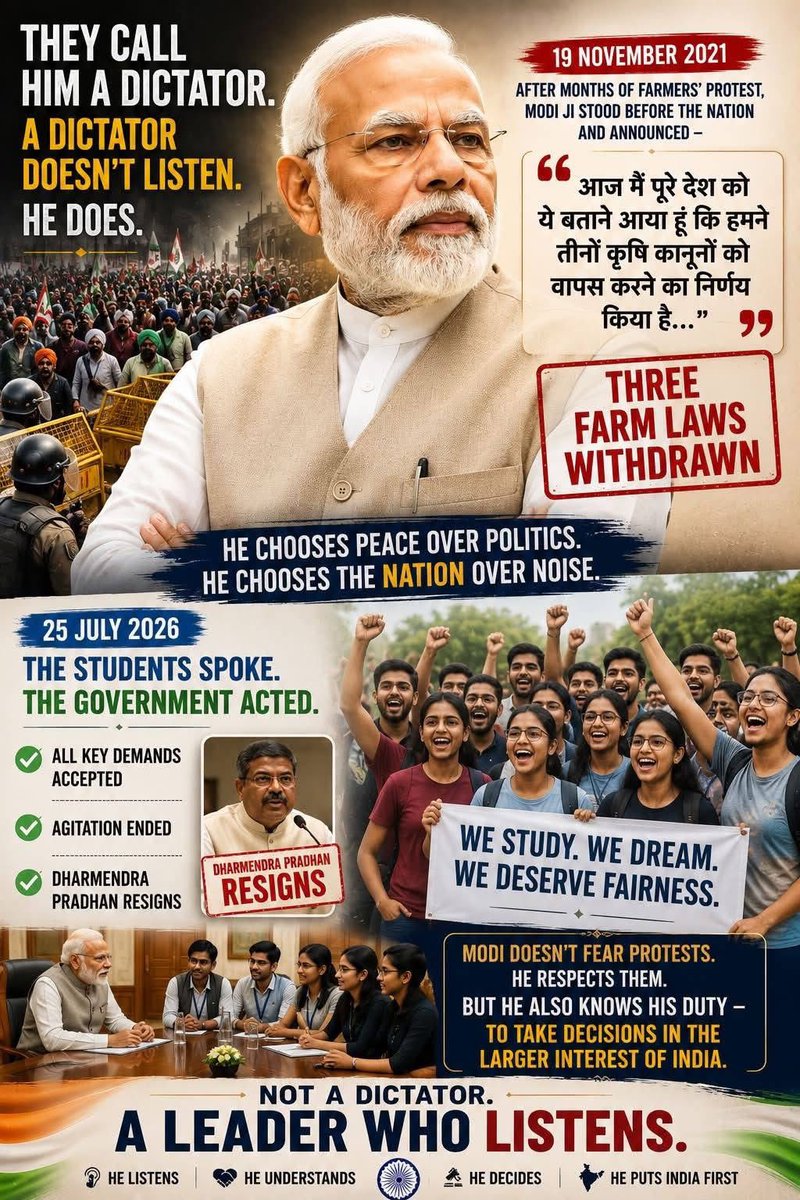 ssingapuri's tweet photo. They call him a dictator.

I have watched Narendra Modi for years.

Long enough to know that dictators do not behave like this.

And, truth be told, there are moments when many of us have wished he were one.

A little less patience for those who confuse the streets with the State.

A little less mercy for those who turn violence into a bargaining tool.

A little less tolerance for those who believe that by shouting louder, blocking roads longer, or threatening disorder, they can bend an entire nation to their will.

We have often wished he would answer every challenge with the full weight of the State.

But Narendra Modi has rarely been a man who answers noise with noise.

He waits.

He listens.

He lets the storm spend itself.

He lets the anger rise, break against the walls of the State, and slowly reveal what lies beneath the noise.

A dictator does not do that.

A dictator does not bend.

Yet on 19 November 2021, after months of the farmers’ agitation, Modi stood before the nation and announced:

“आज मैं पूरे देश को ये बताने आया हूं कि हमने तीनों कृषि कानूनों को वापस करने का निर्णय किया है।”

Today I have come to tell the entire country that we have decided to withdraw all three farm laws.

He did not surrender because he was weak.

He did not retreat because he was afraid.

He simply understood something that those intoxicated by protest often do not:

A government must sometimes choose the peace of the country over the victory of its own argument.

And today, on 25 July 2026, the same man has done it again.

The students’ demands were accepted.

The agitation ended.

And Dharmendra Pradhan resigned.

The man they call a dictator has once again shown the patience of a leader who does not need to win every battle in order to remain in command of the war.

This is not a man ruled by ego.

Not by impulse.

Not by the fever of the moment.

He is calm.

Composed.

Almost unnervingly patient.

While others react to the noise, he studies the silence between it.

While others rush to answer every provocation, he allows time to strip away the theatre.

And while the world mistakes his stillness for surrender…..

he is deciding.

That is what his critics never understand.

They see the quiet river and assume there is no force beneath it.

They mistake restraint for weakness.

Patience for fear.

Silence for sleep.

And then, sometimes, the river changes course.

The government withdraws a law.

A minister resigns.

A protest ends.

And the people who spent months declaring that the State had been defeated suddenly discover that the State was never fighting for the satisfaction of defeating them.

It was calculating something larger.

Dictators demand obedience.

Narendra Modi has, time and again, demonstrated something far more difficult:

the strength to stand firm

and the wisdom to step back.

The strength to absorb pressure…..

and the discipline not to react to every provocation.

The strength to let the storm rage…..

without allowing the country to be destroyed by it.

So call him a dictator if you must.

But history has a strange way of exposing the difference between a ruler who cannot bend

and a leader who chooses when to.

#NarendraModi