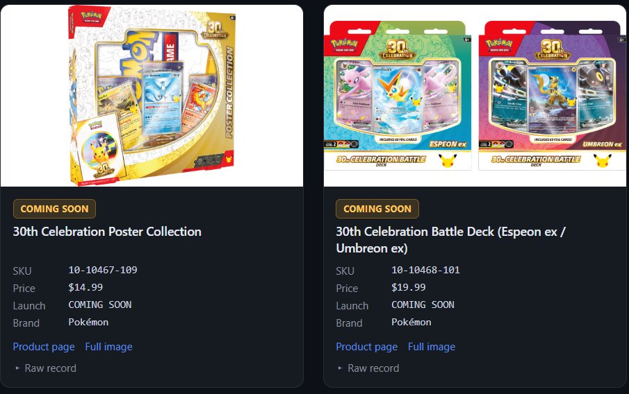 dropalertsuk's tweet photo. Morning everyone :)

Quick PKC Update for the week ahead:  

As we anticipate a Pokemon Center drop sometime this week we thought it would be nice to see all 30th products which haven't released for pre-orders yet.  

We have included the prices in USD and the expected SKUs. 

These are not all confirmed to release this week or at all on the Pokemon Center but we thought some of you might like to see the remaining products!