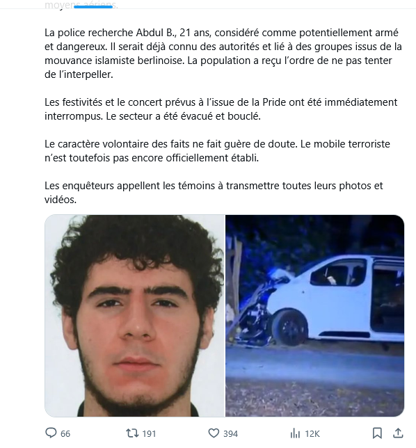 Dupontd0604670's tweet photo. @noaa_mrv Ce n'est pas le véhicule qui a foncé mais la saloperie de musulman qui conduisait https://t.co/xnC60YplAy