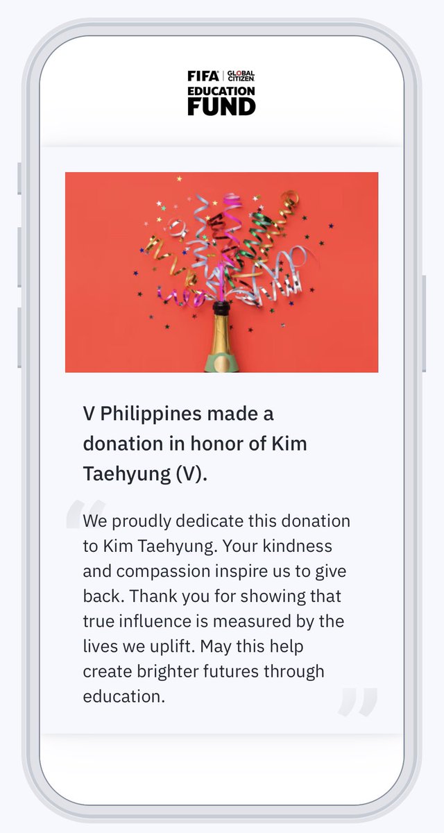 TAETAE_PH's tweet photo. While we may not be able to bid on Taehyung’s scarf (we definitely don’t have $17K 😅), we still wanted to honor him in a way that reflects the values he continues to inspire.

V Philippines has made a recurring annual donation of USD XXX to the FIFA Global Citizen Education Fund in honor of Kim Taehyung (V). His kindness and compassion have always encouraged us to give back, and we hope this contribution helps create brighter futures through education.

Thank you, Taehyung, for reminding us that true influence is measured not only by what we achieve, but by the lives we uplift together.

#Taehyung #V #김태형 #뷔 #BTSV #BTS #KimTaehyung #TeamTaehyung #FIFAGlobalCitizenEducationFund