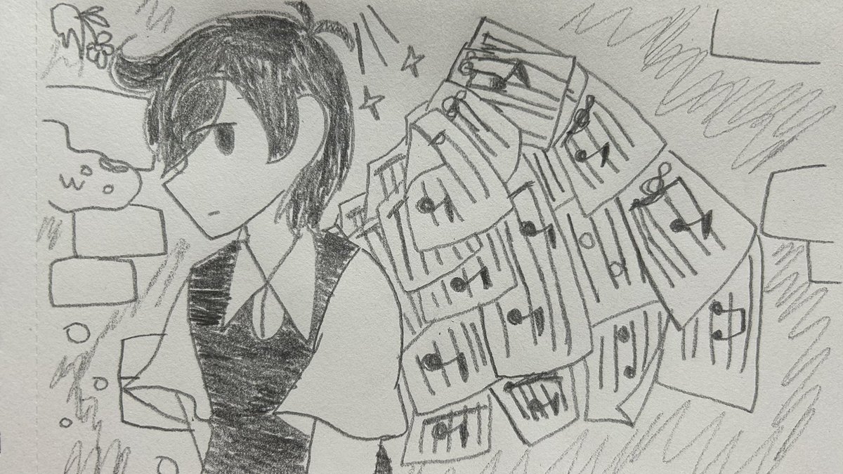 pipittch's tweet photo. 楽譜の片羽
(実は壁にベタベタ貼り付けただけと言う)
 #OMORI  #お絵描き  #イラスト https://t.co/1JtPwId5sc