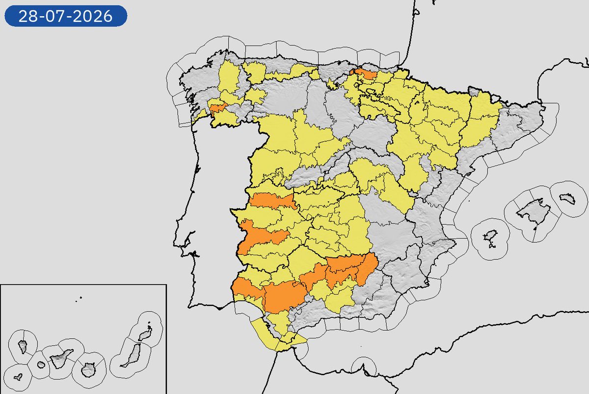 AEMET_Esp's tweet photo. 26/07 11:36 AVISOS PASADO MAÑANA | España: temperaturas máximas, vientos y costeros. Nivel máximo de aviso: naranja.
Actualizaciones en https://t.co/BLdoSsO2Qv https://t.co/5fKoJDdxJ0