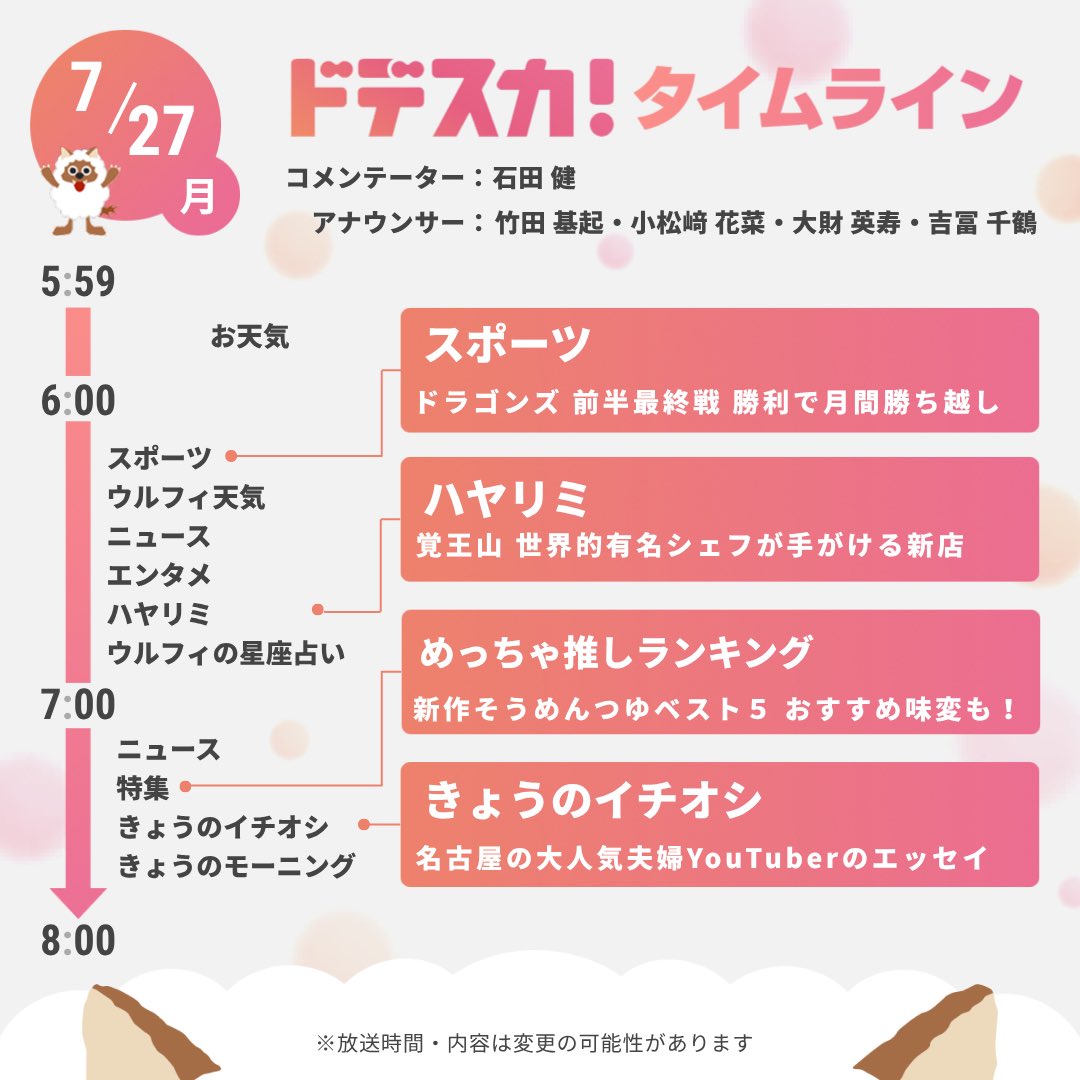 dodesuka_6ch's tweet photo. 【あすのドデスカ！タイムライン📺】
🫧コメンテーター
      #石田健
🫧エンタメ 
      #山田涼介
      #中島健人
      #ILLIT #HANA
      #末澤誠也 #磯村勇斗
etc... 
気になる方がいたら🔁✨
※内容変更の際はご了承下さい🙇‍♀️ https://t.co/MMGcxwha2P