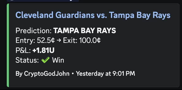 WealthGroup's tweet photo. Rays ML gets the job done. 

@CryptoGodJohn shared the play with the @WealthGroup community at $0.525 before first pitch, and Tampa Bay cruised to a 3 to 0 shutout.

That's what happens when hundreds of sharp minds share ideas in one place. https://t.co/Gzj3fwHQHO