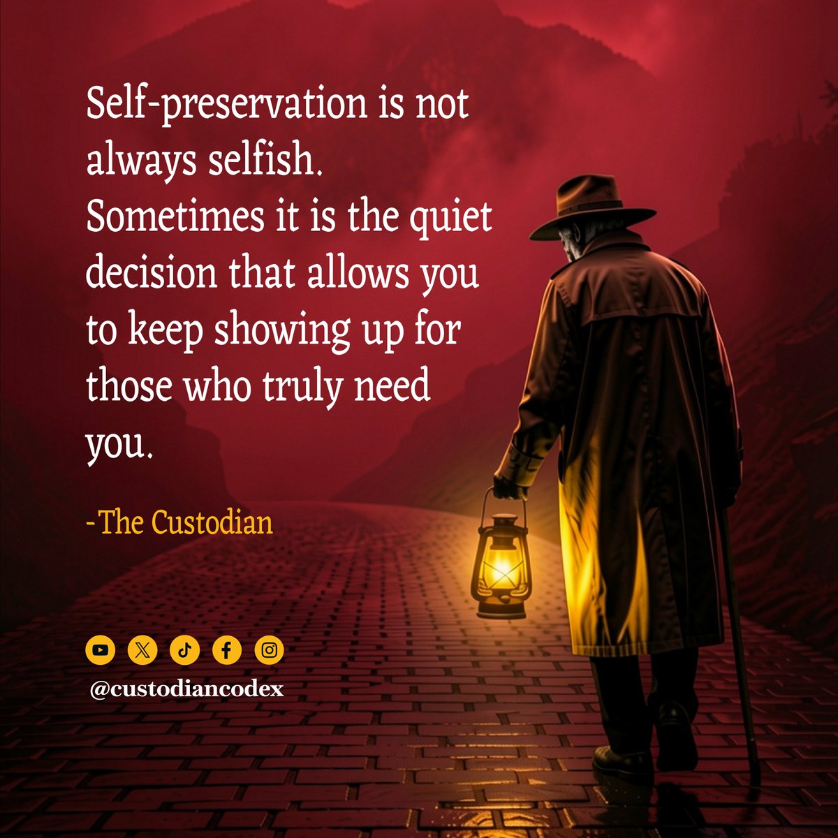 CustodianCodex's tweet photo. Self-preservation is not always selfishness. Boundaries are not rejection. Caring for yourself makes it possible to continue caring for others. You cannot pour from an empty vessel forever.
#TheCustodian #CustodianPrinciples #SelfPreservation #QuietWisdom #LiveWithIntention https://t.co/uX5uWF4yk1