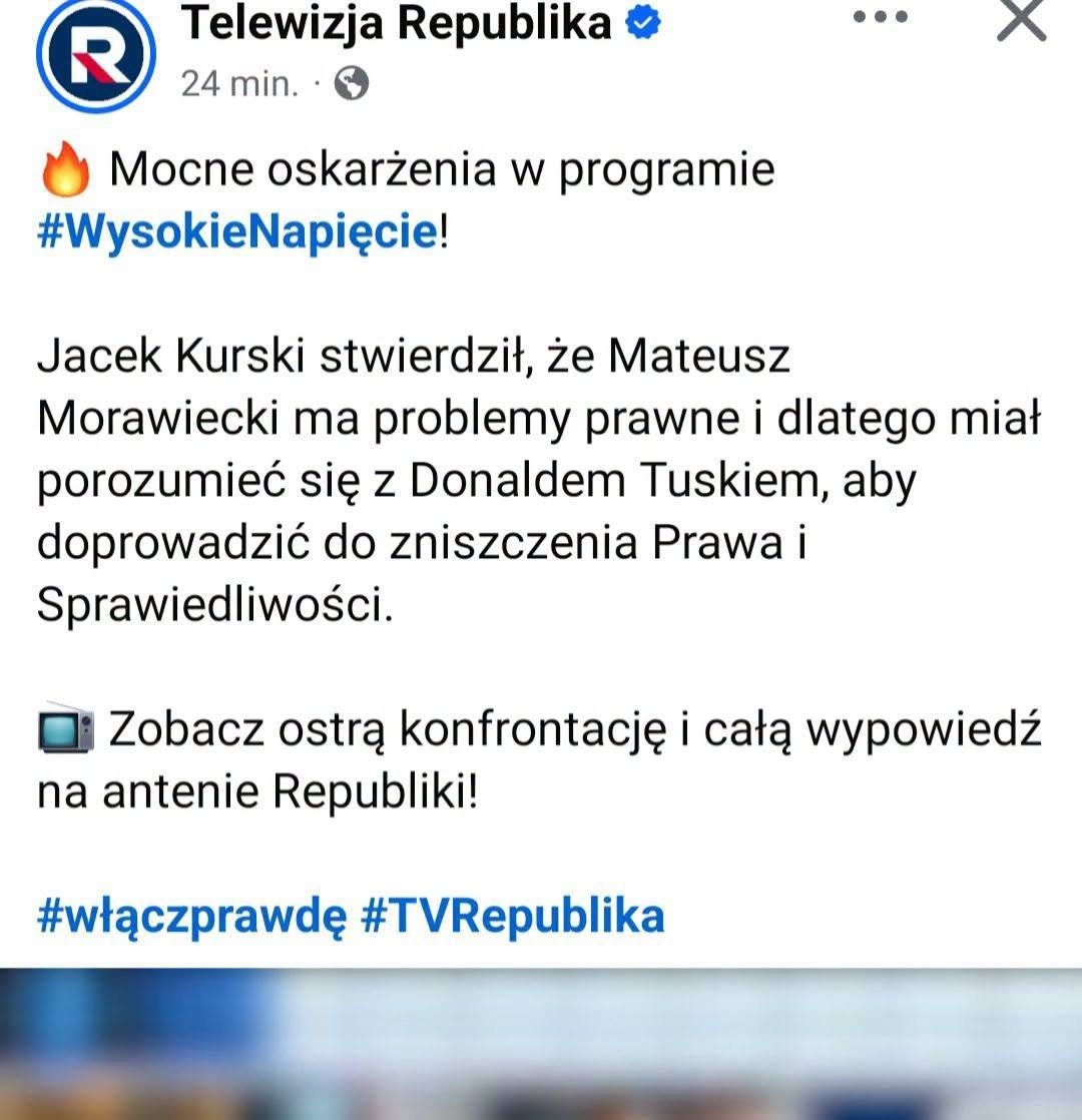 WojciechMucha's tweet photo. Ciężką (umysłowo) artylerię wytoczył PiS przeciwko Mateuszowi Morawieckiemu. 

Właśnie w Telewizji Republika Jacek Kurski stwierdził, że "Morawiecki ma problemy z prawem", więc na zlecenie Tuska musiał rozbić PiS (skrin 1)

To o tyle zabawne, że ten spin o rzekomych problemach MM wciskano dziennikarzom od kilku dni i już w piątek zastanawialiśmy się, którą dziurą wylezie (skrin 2). 

Nie wylazło, bo za grubymi nićmi szyte, więc musiał to Kura zacząć rozpylać. 

W drodze do samozagłady życzę PiS-owi powodzenia.