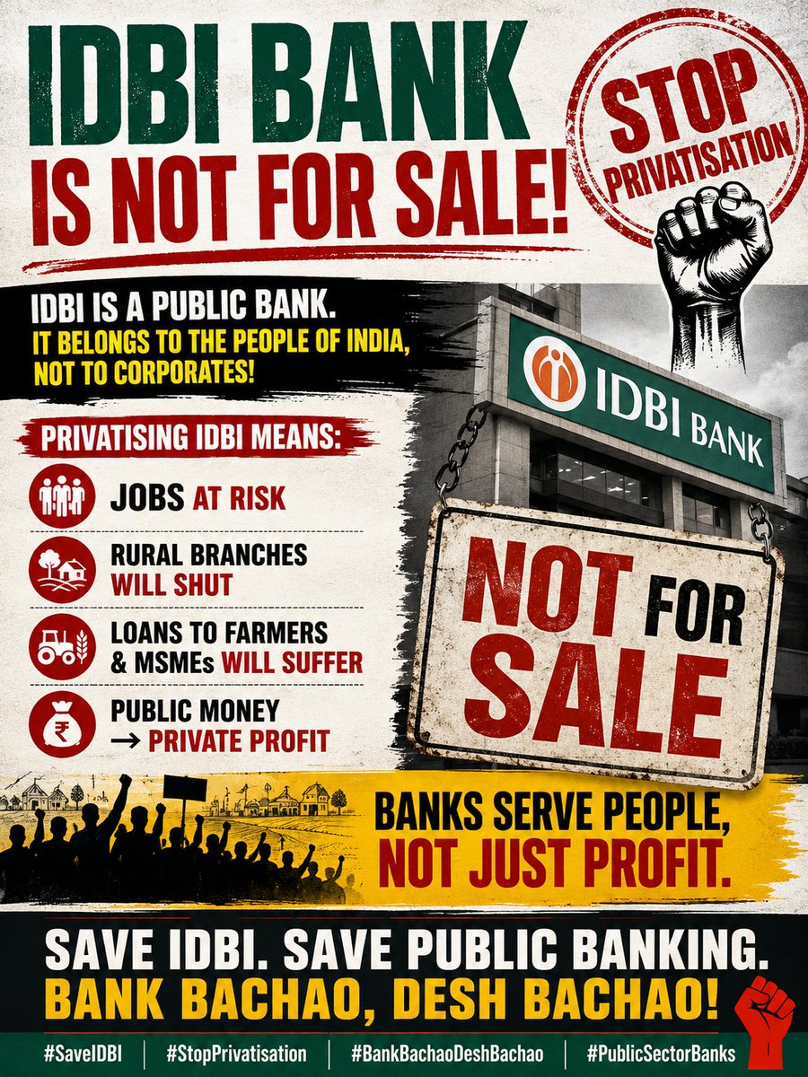 AIIDBIOA_BIHAR's tweet photo. IDBI BANK IS NOT FOR SALE! 

Privatising IDBI means:
❌ Jobs at risk 
❌ Rural branches will shut
❌ Loans to farmers &amp; MSMEs will suffer
❌ Public money → Private profit

Banks serve people, not just profit. 
#SaveIDBI #StopPrivatisation #BankBachaoDeshBachao #PublicSectorBanks https://t.co/VdfONdptsl