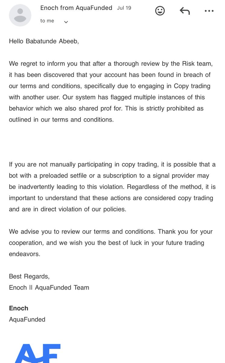Bab_s01's tweet photo. I was told by @AquaFunded my trade payout was denied with allegations of “Too close to someone else's trade” and “It is possible a bot,” which means this is clearly a false allegation of a copied trade.
Evidence attached below @theproptruth @propwatchmedia @RyanAquaFunded @LewisAquaFunded @jasonblax_