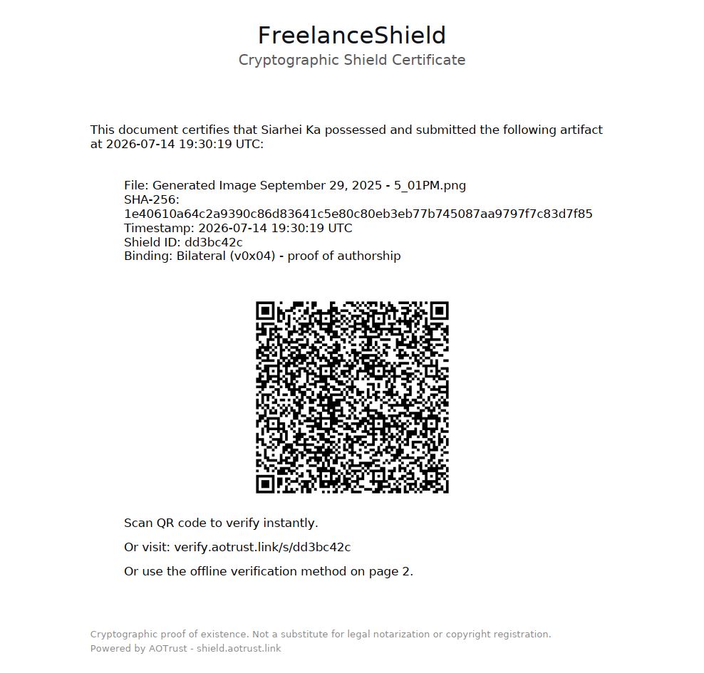 _SiarheiKa_'s tweet photo. The certificate is self-contained:
File hash (SHA-256)
Timestamp (UTC)
Ed25519 signature
NEAR blockchain anchor
QR code → https://t.co/5rtfam2fZw
Offline Python verification script printed on the PDF

Even if our service disappears in 10 years, the proof is still valid. https://t.co/zTC9nansHe