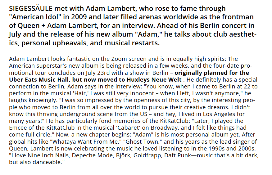 4Gelly's tweet photo. Another German interview that Adam gave via zoom /New album talk and more 
"He says it's good for his voice to talk as much as possible before performances – "with the people in the dressing room, whoever's there. And exercise is helpful, preferably running." https://t.co/pV0hZcJbe1