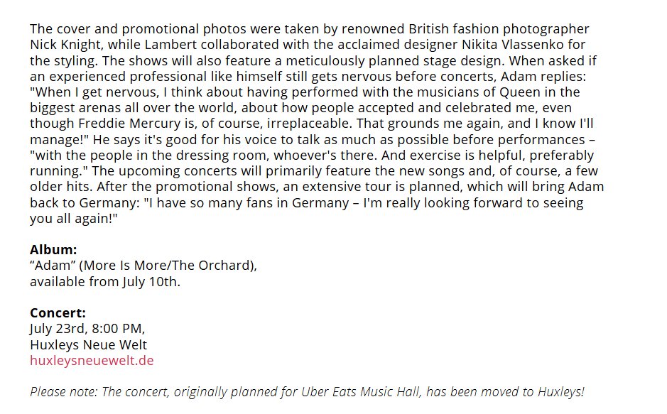 4Gelly's tweet photo. Another German interview that Adam gave via zoom /New album talk and more 
"He says it's good for his voice to talk as much as possible before performances – "with the people in the dressing room, whoever's there. And exercise is helpful, preferably running." https://t.co/pV0hZcJbe1