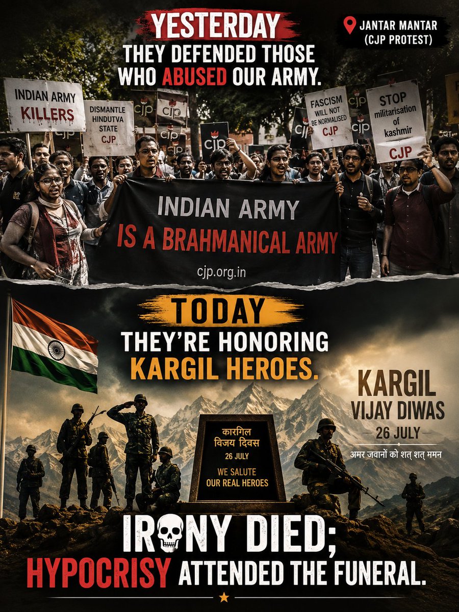 ShivamPraja_05's tweet photo. From backing Army abusers yesterday to celebrating Kargil Vijay Diwas today. Irony just buried itself.
@adgpi @PMOIndia @HMOIndia https://t.co/aPYDPNdM19