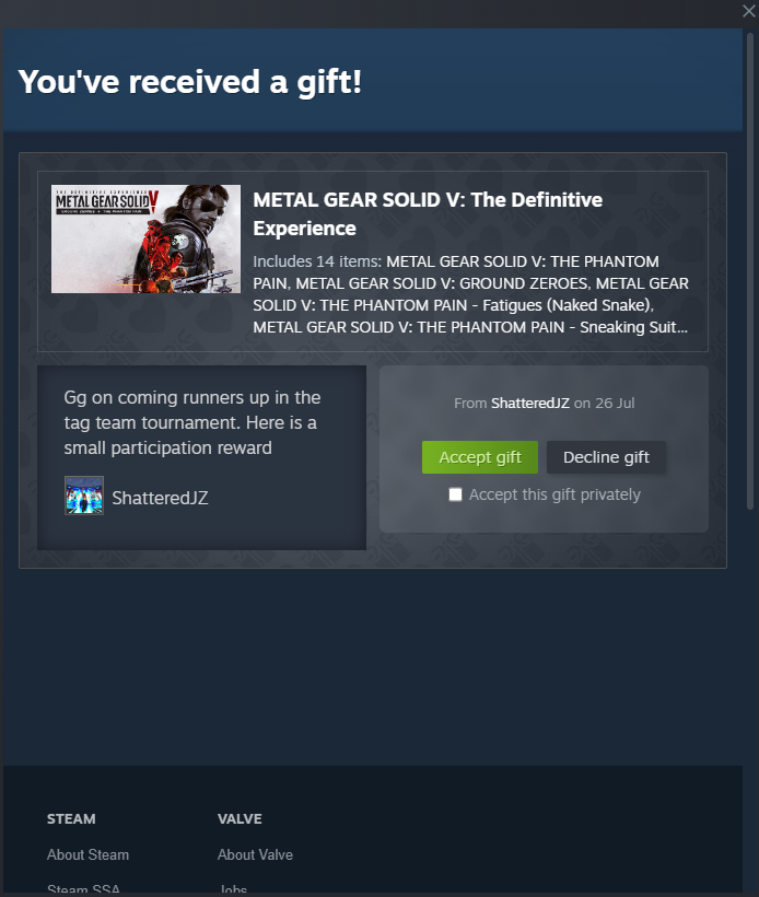 mazey013's tweet photo. Thank you @JZinNightCity for this perfect gift and such a banger tourney. 🔥 what's funny is i was talking about talking about copping this game yesterday with a friend of mine (a big fan of MGSV) and now i actually have it haha. much appreciated. #JZLegit https://t.co/dDwunU5AU9