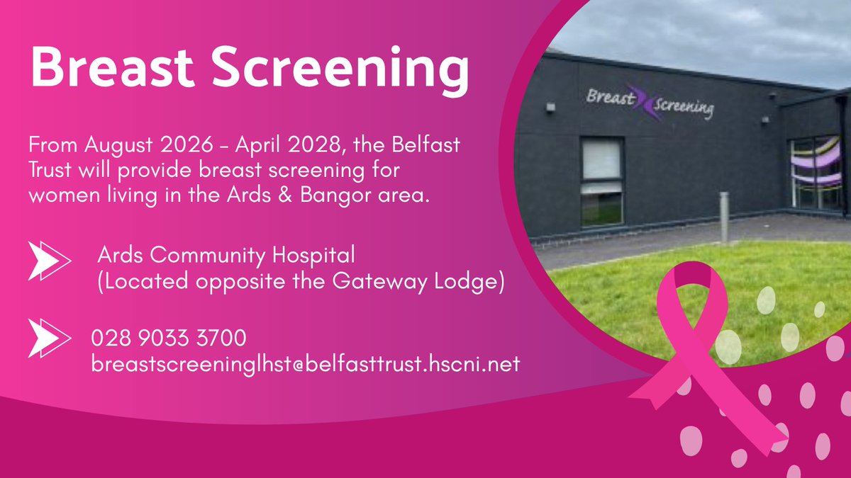 setrust's tweet photo. Breast Screening will be available at Ards Hospital from August 2026 📢

If you’re aged 50–70 and registered with a GP, you’ll be invited for screening. If you are over 70, please contact the unit to arrange an appointment. 

You should attend screening every 3 years. 

Info 👇 https://t.co/VeRy6dQYjN