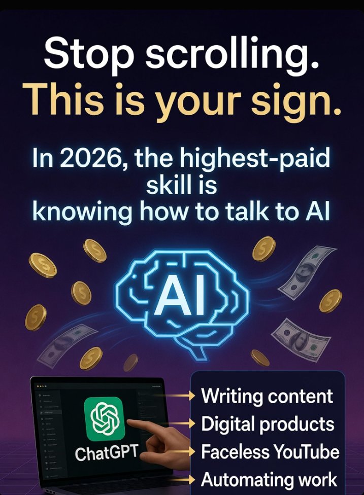 Kairo_daily_AI's tweet photo. Stop scrolling.
This is your https://t.co/JitFDRkRMF 2026, the highest-paid skill is not coding.
It’s knowing how to talk to AI.People are quietly making $3k–$8k/month with ChatGPT by:
→ Writing content for clients
→ Selling digital products
→ Creating faceless YouTube channels
→ Automating their freelance workThe tool is free.
The only thing missing is action.Start today or watch others pull ahead.Who’s already earning with AI? #ChatGPT #AI #MakeMoneyWithAI