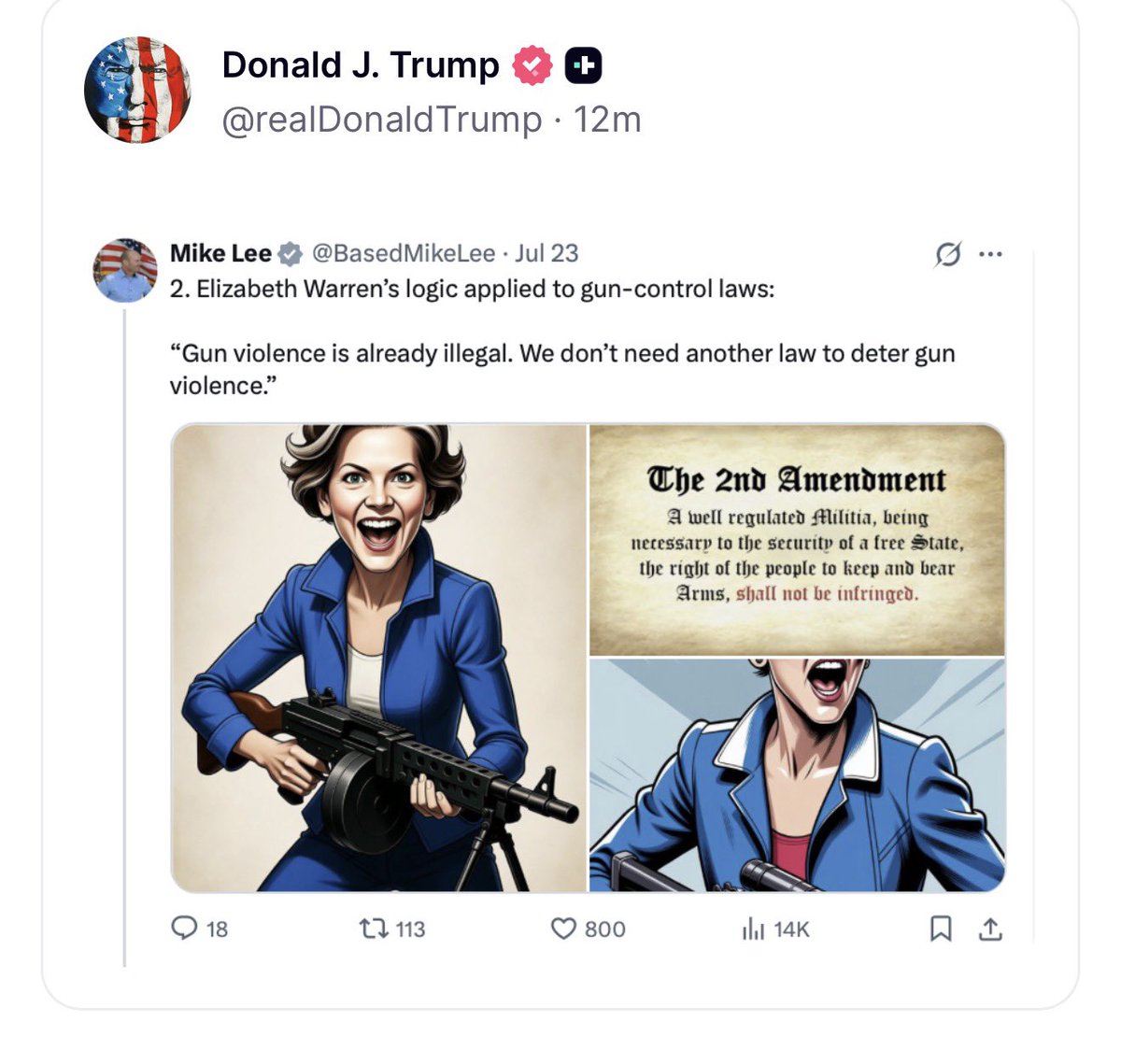 GuntherEagleman's tweet photo. TRUMP JUST POSTED A 💎!

Mike Lee drops the absolute nuke:

“Gun violence is already illegal. We don’t need another law to deter gun violence.”

Then hits them with Warren holding a belt-fed machine gun next to the actual 2nd Amendment.

That’s not just a clapback. That’s the entire Democrat gun-control argument destroyed in one frame.

They don’t want “common sense.”

They want control.