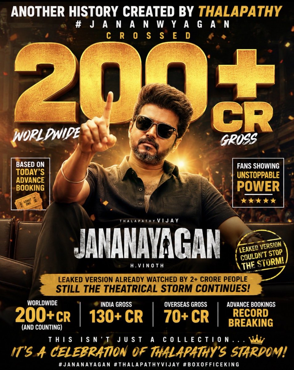 mmeiyyanathan's tweet photo. You can leak a movie…
But you can never leak STARDOM. 🔥
Theatres are packed. Records are shattered.
#Jananayagan is racing towards ₹200+ Cr Worldwide!
#ThalapathyVijay #BoxOfficeKing https://t.co/9CJuINOodf