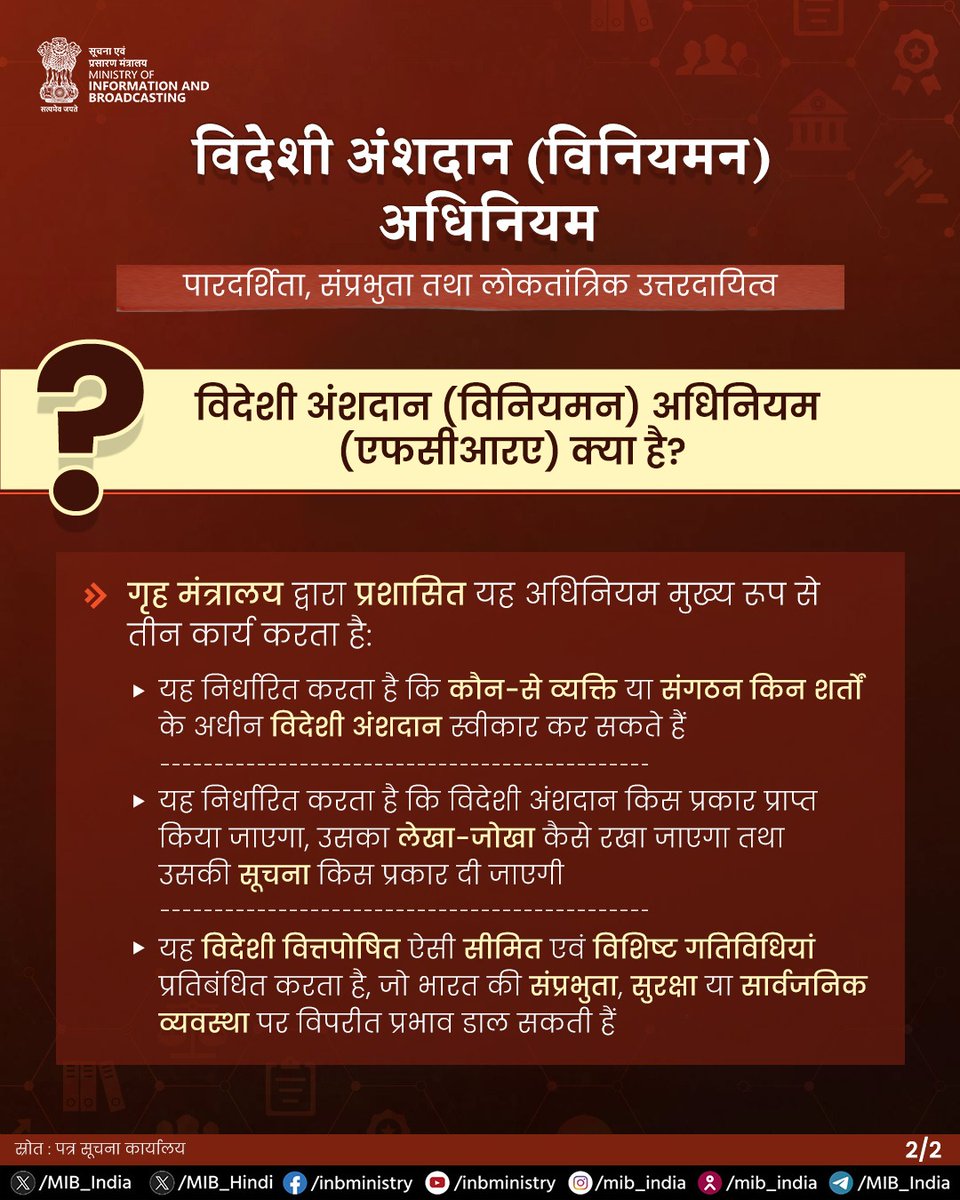 MIB_Hindi's tweet photo. गृह मंत्रालय द्वारा संचालित एफसीआरए अधिनियम विदेशी स्रोतों से मिलने वाले अंशदान की प्राप्ति और उपयोग का नियमन करता है। यह व्यवस्था देश की संप्रभुता तथा सार्वजनिक व्यवस्था को सुरक्षित रखते हुए पारदर्शिता और जवाबदेही को सुदृढ़ करती है। 

#FCRA #ForeignContributionRegulationAct https://t.co/fLpgMZnbOm