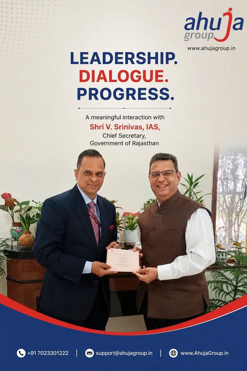 ahujalalit's tweet photo. Always a privilege to interact with @svoruganti1466, Shri V. Srinivas, IAS, Chief Secretary, Government of Rajasthan. Grateful for the insightful discussion on governance, industrial development, and Rajasthan's growth journey. Thank you for your valuable time and guidance. https://t.co/5FHSbEWYMd