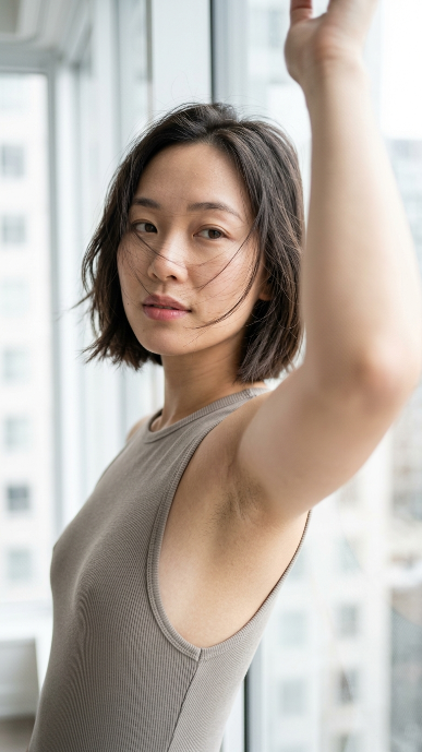 ipanda2046's tweet photo. P.S. From today on, I’m done with underarm hair shame.

Made with  GPT Image or  Grok Imagine

Prompt:

Create a highly realistic vertical smartphone portrait of a fictional adult East Asian woman in her mid-20s, riding a city bus in daytime natural light. Use an extremely close, slightly wide-angle perspective, approximately equivalent to a 26–30mm full-frame lens. The camera is positioned around shoulder-to-face height, less than one meter from her face, creating strong foreground perspective distortion. The woman fills almost the entire frame from the upper torso to the top of her head. Her face is positioned in the upper-left quadrant rather than centered. Her torso turns approximately 55 degrees sideways, while her head rotates gently back toward the camera. She naturally lifts one arm high to grip the plastic bus hanging ring overhead, a completely ordinary, unposed commuter movement with no forced posing. Her raised upper arm must dominate the right side of the frame, occupying approximately 25–30 percent of the image. The arm is extremely close to the camera lens, partially cropped by the top and right edges, with the elbow and hand completely outside the frame. It must appear as a large, soft, heavily defocused foreground shape. Do not focus on the arm. The arm should create natural optical foreground blur, not directional motion blur. Her face remains the primary focus, especially the eyes, eyebrows, nose, lips, and several strands of hair crossing the face. The neck, clothing, lower torso, opposite arm, and bus background gradually become softer. She has a softly elongated oval face, natural almond-shaped dark brown eyes, subtle straight eyebrows, a small refined nose, softly rounded cheeks, and natural adult facial proportions. She looks toward a point just beside the camera lens with a relaxed, slightly distant expression. Her eyelids are gently lowered, her lips are slightly parted, and she is not smiling. Avoid a glamorous or heavily posed facial expression. Her hair is a short, slightly uneven dark brown bob ending between the jawline and upper neck. The hair has soft natural volume and imperfect ends. A gentle sideways breeze from the open bus window pushes multiple thin strands of hair irregularly across her forehead, eyebrows, eyes, nose, cheeks, lips, and chin. Use many delicate individual strands rather than one thick lock of hair. Several loose ends should lift outward around the sides of her head and neck. She wears a fitted sleeveless ribbed bodysuit in muted dusty taupe, fine vertical ribbing, soft matte fabric texture. Simple high crew neck, deeply cut side seams under the raised arm from reaching for the bus ring, naturally exposing underarm without covering. Natural underarm hair is fully visible under soft daylight, presented neutrally as a normal human body feature, zero embarrassment or shame, no digital retouching to erase body hair. No logos, prints, metal hardware, jewelry, or decorative details on clothing. Her body has natural adult proportions, softly curved upper torso, realistic skin compression, believable natural anatomy. All body shape comes from the sideways standing posture, raised arm grabbing bus ring, deep sleeveless side cut and close wide-angle shot, no exaggerated unnatural anatomy. Lighting is soft diffused natural daylight filtering through bus side windows, gentle even light wrapping around hair, cheek, shoulder and raised arm. Weak fill light from white bus interior panels eliminates harsh dark facial shadows. Background is heavily blurred busy bus interior, pale grey plastic seats, faint out-of-focus silhouettes of other distant passengers, blurred city street view through windows. No clear detailed clutter, all background elements stay vague and unfocused. Use shallow depth of field matching smartphone portrait mode with natural soft optical transitions. Face and fine stray hair strands are sharp focal point. Raised foreground arm is heavily blurred. Bus interior background is completely out of focus. Color grading is soft, low contrast, slightly cool tone. Pale cool white window highlights, lifted soft shadows, muted dark blacks, low overall saturation. Natural soft pink-beige skin tones, dark brown hair, muted rose lip color, dusty taupe sleeveless bodysuit. Keep faint natural skin texture on nose, eyes, lip and hairline, subtle gentle skin smoothing overall. Final image atmosphere: casual unplanned candid phone snapshot taken by a fellow passenger on a regular bus ride, balance between private everyday candid shot and minimalist natural beauty shot. Strictly avoid formal studio portrait, fashion campaign, obvious selfie with visible phone, over-polished glamorous staged poses. Vertical composition, 3:5 aspect ratio, tight close crop, face placed upper-left of frame, torso diagonally slanting toward lower-left, large blurred raised grabbing arm filling right frame side, soft bus window daylight, wind-tousled fine hair strands across face, hyperrealistic phone photography, natural human anatomy, subtle mobile photo processing, natural unaltered underarm hair framed without shame or negative stigma. 

Copy & try it 👇
