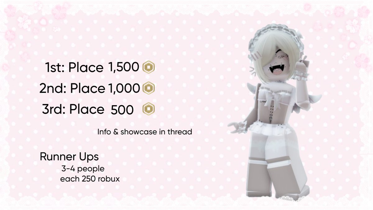 SowftMei's tweet photo. ♡ 𝐌𝐞𝐢'𝐬 𝐀𝐫𝐭 𝐂𝐨𝐦𝐩𝐞𝐭𝐢𝐭𝐢𝐨𝐧 .ᐟ.ᐟ

PRIZES:

꒰1st꒱ 𝘱𝘭𝘢𝘤𝘦: 1,500 robux

꒰2nd꒱ 𝘱𝘭𝘢𝘤𝘦: 1,000 robux

꒰3rd꒱ 𝘱𝘭𝘢𝘤𝘦: 500 robux

𝐭𝐡𝐫𝐞𝐚𝐝 - > 𝐢𝐧𝐟𝐨 &amp; 𝐦𝐨𝐫𝐞
#robloxart #roblox #rhtc #roalehigh #fy #tl #viral #goviral #competition #content https://t.co/GzmGXrjYkj