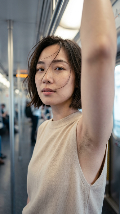 ipanda2046's tweet photo. P.S. From today on, I’m done with underarm hair shame.

Made with  GPT Image or  Grok Imagine

Prompt:

Create a highly realistic vertical smartphone portrait of a fictional adult East Asian woman in her mid-20s, riding a city bus in daytime natural light. Use an extremely close, slightly wide-angle perspective, approximately equivalent to a 26–30mm full-frame lens. The camera is positioned around shoulder-to-face height, less than one meter from her face, creating strong foreground perspective distortion. The woman fills almost the entire frame from the upper torso to the top of her head. Her face is positioned in the upper-left quadrant rather than centered. Her torso turns approximately 55 degrees sideways, while her head rotates gently back toward the camera. She naturally lifts one arm high to grip the plastic bus hanging ring overhead, a completely ordinary, unposed commuter movement with no forced posing. Her raised upper arm must dominate the right side of the frame, occupying approximately 25–30 percent of the image. The arm is extremely close to the camera lens, partially cropped by the top and right edges, with the elbow and hand completely outside the frame. It must appear as a large, soft, heavily defocused foreground shape. Do not focus on the arm. The arm should create natural optical foreground blur, not directional motion blur. Her face remains the primary focus, especially the eyes, eyebrows, nose, lips, and several strands of hair crossing the face. The neck, clothing, lower torso, opposite arm, and bus background gradually become softer. She has a softly elongated oval face, natural almond-shaped dark brown eyes, subtle straight eyebrows, a small refined nose, softly rounded cheeks, and natural adult facial proportions. She looks toward a point just beside the camera lens with a relaxed, slightly distant expression. Her eyelids are gently lowered, her lips are slightly parted, and she is not smiling. Avoid a glamorous or heavily posed facial expression. Her hair is a short, slightly uneven dark brown bob ending between the jawline and upper neck. The hair has soft natural volume and imperfect ends. A gentle sideways breeze from the open bus window pushes multiple thin strands of hair irregularly across her forehead, eyebrows, eyes, nose, cheeks, lips, and chin. Use many delicate individual strands rather than one thick lock of hair. Several loose ends should lift outward around the sides of her head and neck. She wears a fitted sleeveless ribbed bodysuit in muted dusty taupe, fine vertical ribbing, soft matte fabric texture. Simple high crew neck, deeply cut side seams under the raised arm from reaching for the bus ring, naturally exposing underarm without covering. Natural underarm hair is fully visible under soft daylight, presented neutrally as a normal human body feature, zero embarrassment or shame, no digital retouching to erase body hair. No logos, prints, metal hardware, jewelry, or decorative details on clothing. Her body has natural adult proportions, softly curved upper torso, realistic skin compression, believable natural anatomy. All body shape comes from the sideways standing posture, raised arm grabbing bus ring, deep sleeveless side cut and close wide-angle shot, no exaggerated unnatural anatomy. Lighting is soft diffused natural daylight filtering through bus side windows, gentle even light wrapping around hair, cheek, shoulder and raised arm. Weak fill light from white bus interior panels eliminates harsh dark facial shadows. Background is heavily blurred busy bus interior, pale grey plastic seats, faint out-of-focus silhouettes of other distant passengers, blurred city street view through windows. No clear detailed clutter, all background elements stay vague and unfocused. Use shallow depth of field matching smartphone portrait mode with natural soft optical transitions. Face and fine stray hair strands are sharp focal point. Raised foreground arm is heavily blurred. Bus interior background is completely out of focus. Color grading is soft, low contrast, slightly cool tone. Pale cool white window highlights, lifted soft shadows, muted dark blacks, low overall saturation. Natural soft pink-beige skin tones, dark brown hair, muted rose lip color, dusty taupe sleeveless bodysuit. Keep faint natural skin texture on nose, eyes, lip and hairline, subtle gentle skin smoothing overall. Final image atmosphere: casual unplanned candid phone snapshot taken by a fellow passenger on a regular bus ride, balance between private everyday candid shot and minimalist natural beauty shot. Strictly avoid formal studio portrait, fashion campaign, obvious selfie with visible phone, over-polished glamorous staged poses. Vertical composition, 3:5 aspect ratio, tight close crop, face placed upper-left of frame, torso diagonally slanting toward lower-left, large blurred raised grabbing arm filling right frame side, soft bus window daylight, wind-tousled fine hair strands across face, hyperrealistic phone photography, natural human anatomy, subtle mobile photo processing, natural unaltered underarm hair framed without shame or negative stigma. 

Copy & try it 👇