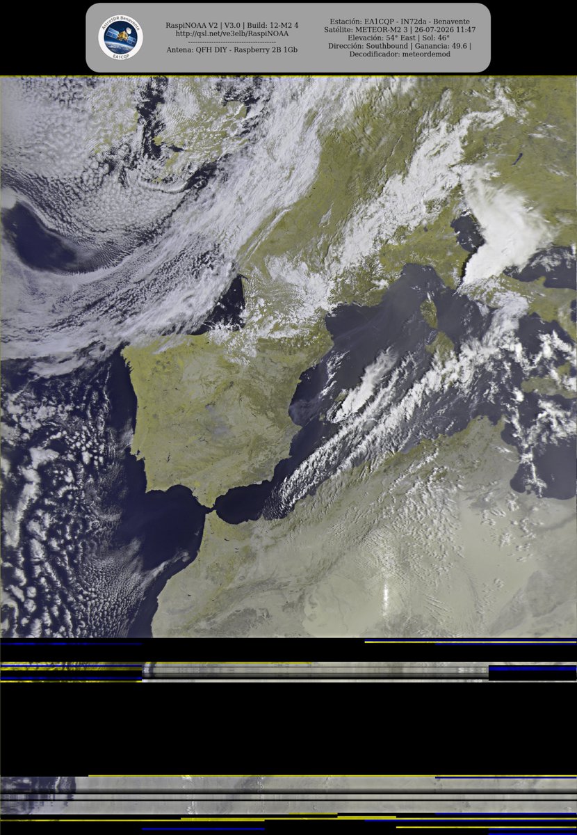 monforra's tweet photo. Ground Station: EA1CQP - IN72da - Benavente METEOR-M2 3 26-07-2026 11:31 CEST Max Elev: 54° E Sun Elevation: 46° Gain: 49.6 | Southbound
#NOAA #MeteorM2_3 #MeteorM2_4 #weather #weathersats #APT #LRPT #wxtoimg #MeteorDemod #rtlsdr #gpredict #raspberrypi https://t.co/yCIeCLrZIf