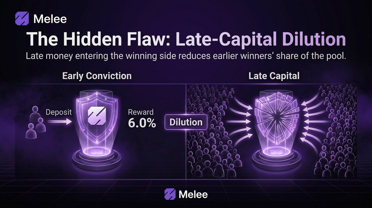 lumvox's tweet photo. That flaw is called late-capital dilution.
Imagine you bet early on the correct outcome.

Hours later, a flood of money enters the same winning side.

In a traditional parimutuel, your share of the payout shrinks even though your prediction never changed.

Early conviction gets diluted by later participants.