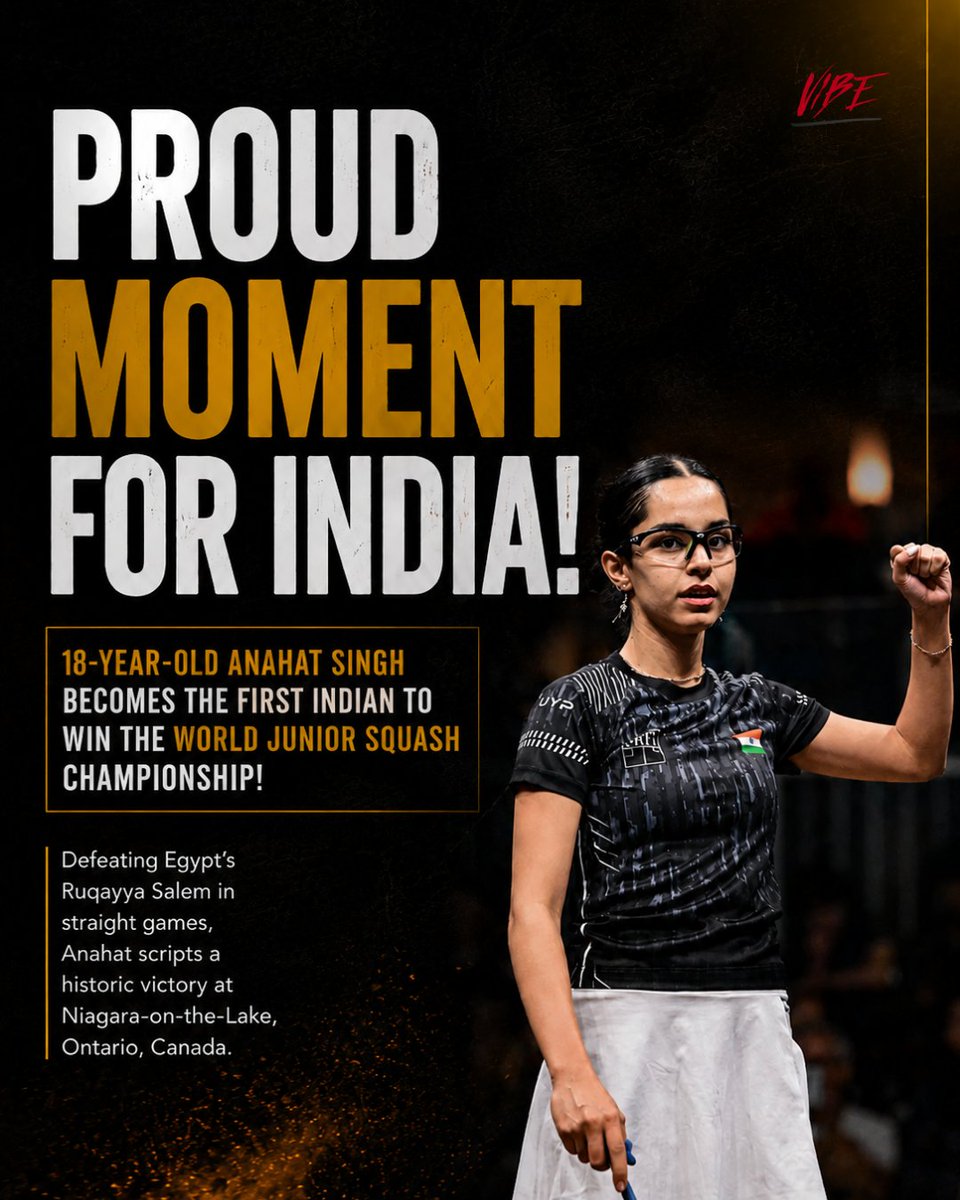 sportingvibe_'s tweet photo. 🏆 HISTORY HAS A NEW NAME. 🇮🇳

18-year-old Anahat Singh becomes the first Indian ever to win the World Junior Squash Championship, creating a landmark moment for Indian sport.

#AnahatSingh #IndianSquash #WorldJuniorSquash #Champion #PrideOfIndia #GoldenVictory #IndiaOnTop 

@Anahat_Singh13 @afiindia
@IIS_Vijayanagar 

[ World Junior Squash Champion, World Junior Squash Championship 2026, Indian squash, Indian sports,world champion, Indian squash history, breaking sports news, historic win ]