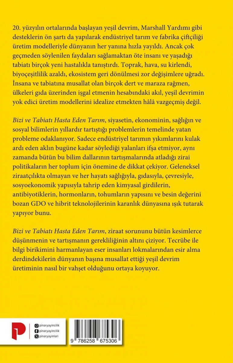 top_baki's tweet photo. Bu da yetmedi oturup bir de koca bir kitap yazdık. 

Gerçi siz ülkeleri bilinçli olarak zirai politikasız bırakan ya da hep arıza verecek şekilde düzenlenmesine ön ayak olan endüstriyel tarım anlayışını yere göğe sığdıramıyorsunuz ya o da bir başka yaman çelişkimiz. 

Oysa söylediklerinizin havada kalmaması için öncelikle asıl kurutulması gereken bataklığın orası olduğunu görmeniz gerekiyor Sencer bey! 

O kurutma olmazsa hiçbir şey olmaz! 

Lay-lay-lom zirai politikalarla sadece ziraat, kır, köy, üretim değil insan ve doğayla ilişkili her alanı kapsayacak şekilde bütün bir hayat tarumar olur.